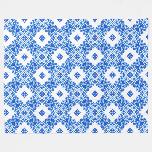 Delft like - Royal Blue and White Filigree Fleece Deken (Voorkant (Horizontaal))