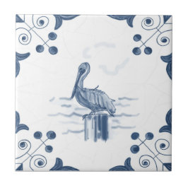 Delft Pelican Tile met Scroll Corners Tegeltje