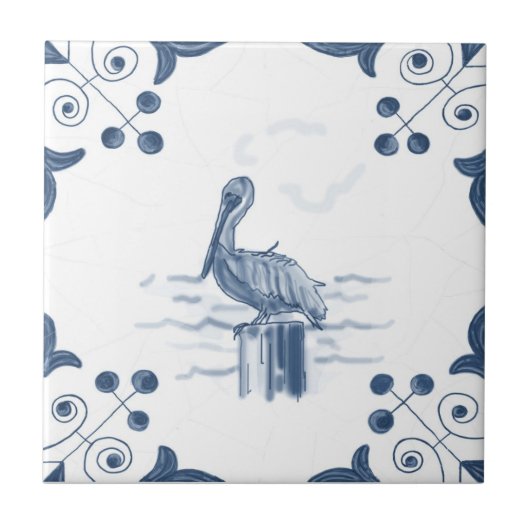 Delft Pelican Tile met Scroll Corners Tegeltje (Voorkant)