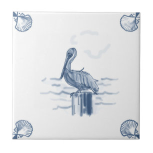 Delft Pelican Tile met Shell Corners Tegeltje