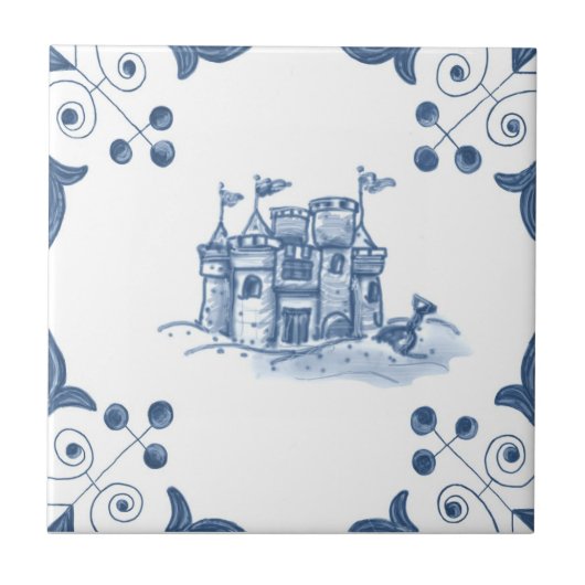 Delft Sandcastle Tile met Scroll Corners Tegeltje (Voorkant)