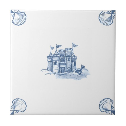 Delft Sandcastle Tile met Shell Corners Tegeltje (Voorkant)