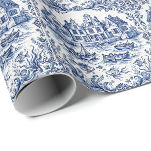 Delft Stad & Vissershaven Kobaltblauw Wit Cadeaupapier