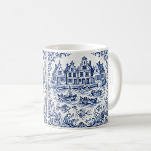 Delft Stad & Vissershaven Kobaltblauw Wit Koffiemok