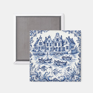 Delft Stad & Vissershaven Kobaltblauw Wit Magneet