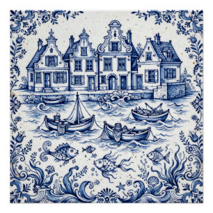 Delft Stad & Vissershaven Kobaltblauw Wit Perfect Poster