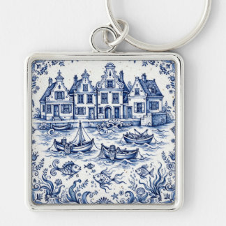 Delft Stad & Vissershaven Kobaltblauw Wit Sleutelhanger
