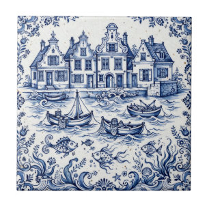 Delft Stad & Vissershaven Kobaltblauw Wit Tegeltje