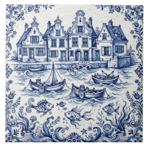 Delft Stad & Vissershaven Kobaltblauw Wit Tegeltje