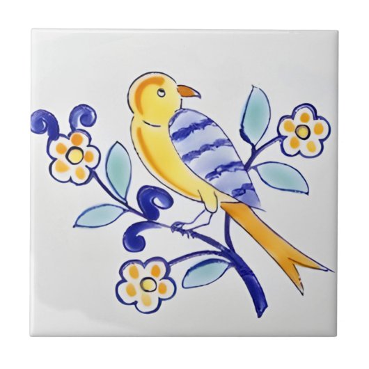 delft tiles reproduceert kleurrijk vogelpatroon tegeltje (Voorkant)