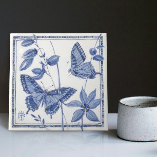 Delft Vlinder Bloem Wandschildering Art Nouveau Tegeltje