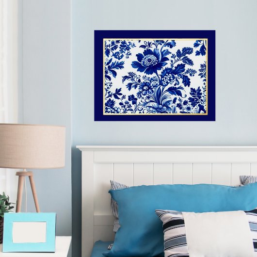 delftblauw Elegant  Bloemengoud stijl Folie Afdrukken (Insitu (Slaapkamer))