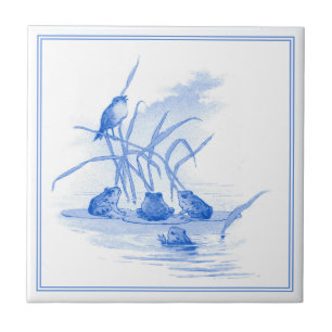  Delfts Blauw Art Nouveau Kikkers en Vogel Tegeltje