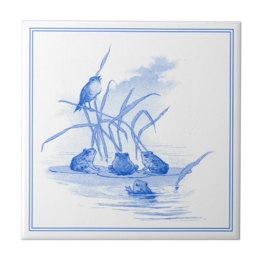 Delfts Blauw Art Nouveau Kikkers en Vogel Tegeltje (Voorkant)