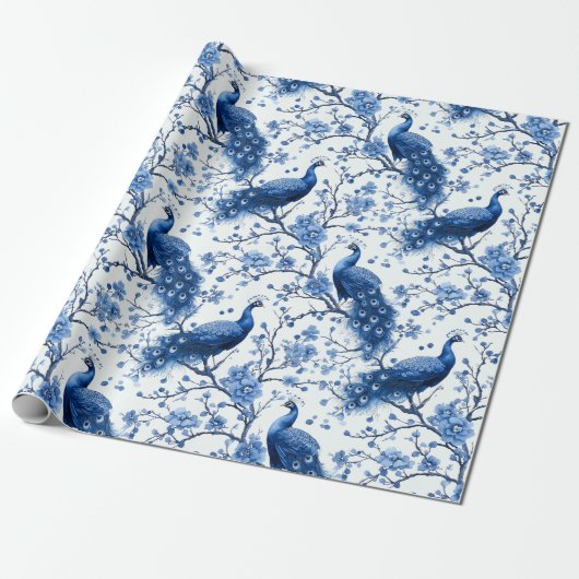 Delfts blauw  blauw Chinoiserie Peacock Cadeaupapier (Uitgerold)