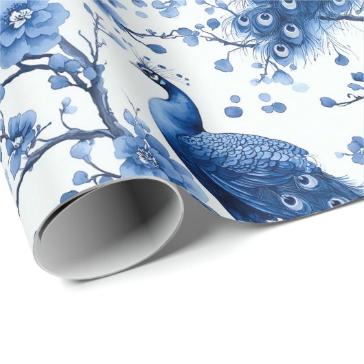 Delfts blauw  blauw Chinoiserie Peacock Cadeaupapier (Rol Hoek)