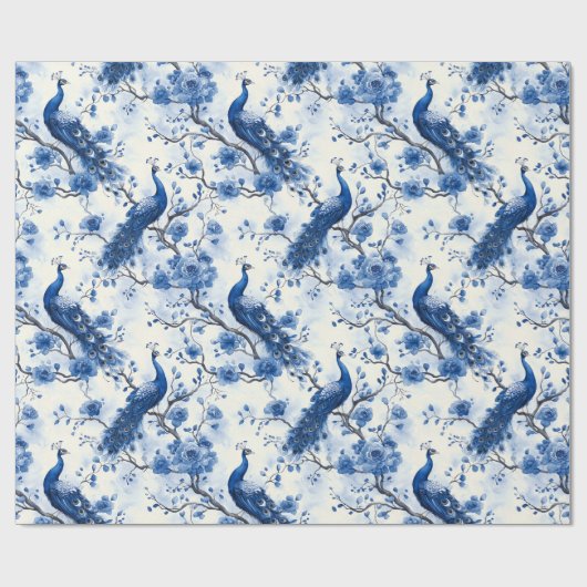 Delfts Blauw  Blauw Frans Chinoiserie Peacock Cadeaupapier (Vlak)