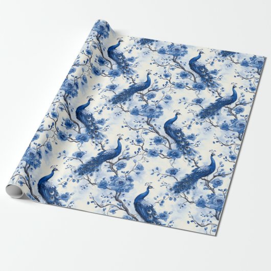 Delfts Blauw  Blauw Frans Chinoiserie Peacock Cadeaupapier (Uitgerold)