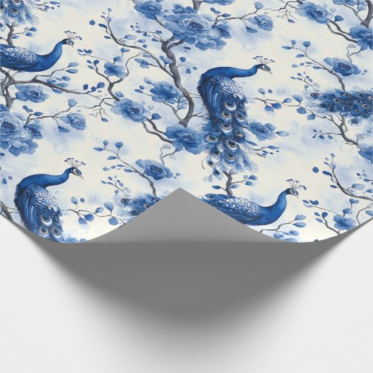 Delfts Blauw  Blauw Frans Chinoiserie Peacock Cadeaupapier (Hoek)