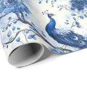 Delfts Blauw  Blauw Frans Chinoiserie Peacock Cadeaupapier (Rol Hoek)