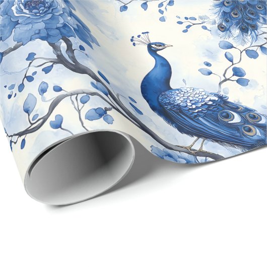 Delfts Blauw  Blauw Frans Chinoiserie Peacock Cadeaupapier (Rol Hoek)
