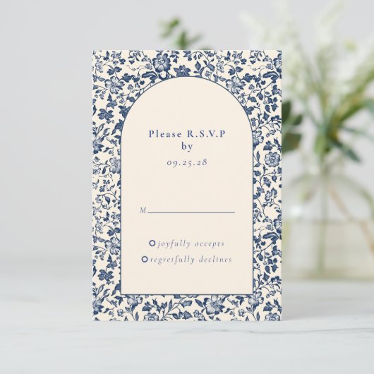 Delfts  Blauw Bloemboog reactie rsvp (Staand voorkant)