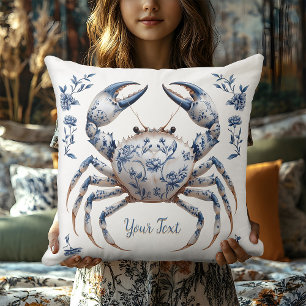 Delfts Blauw Bloemen Krab Kust Rustiek Strandhuis Kussen