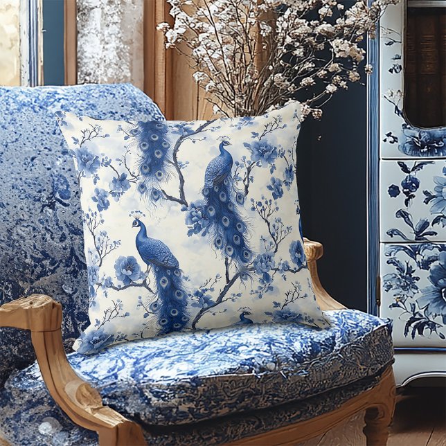  Delfts Blauw Bloemen Victoriaans Pauw Kussen (Creator heeft geüpload)