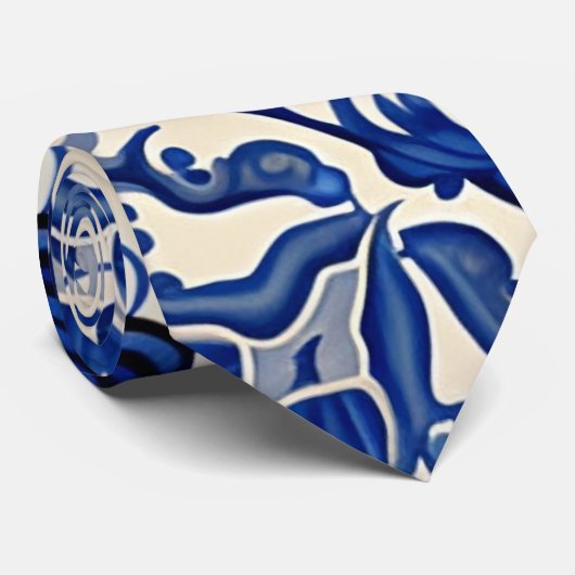  Delfts Blauw Bloemencrème Stropdas (Opgerold)