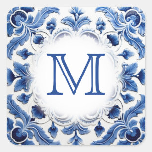 Delfts blauw bruiloft monogram vierkante sticker