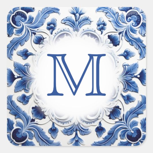 Delfts blauw bruiloft monogram vierkante sticker (Voorkant)