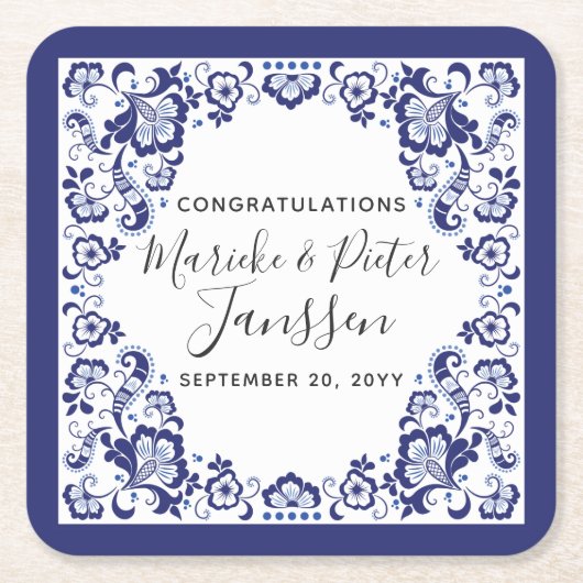 Delfts Blauw Delfts Blauw Nederlands Trouwdiner Kartonnen Onderzetters (Voorkant)