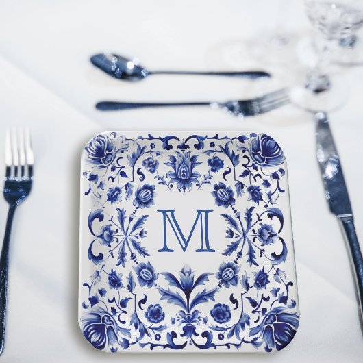 Delfts blauw design monogram papieren bordje