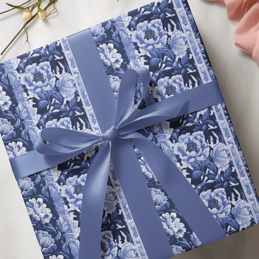 Delfts Blauw en Wit Antiek Bloempatroon Cadeaupapier