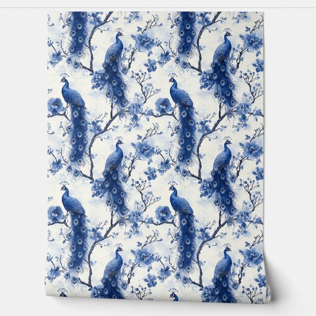  Delfts Blauw Franse Chinoiserie Peacock Behang (Afrollen)
