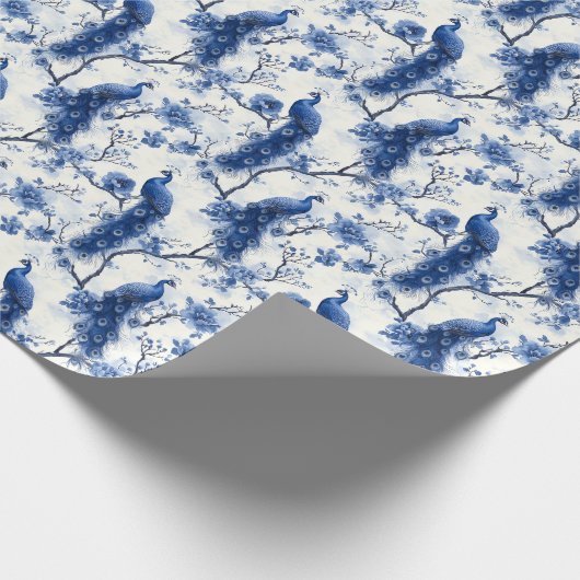  Delfts Blauw Franse Chinoiserie Peacock Cadeaupapier (Hoek)