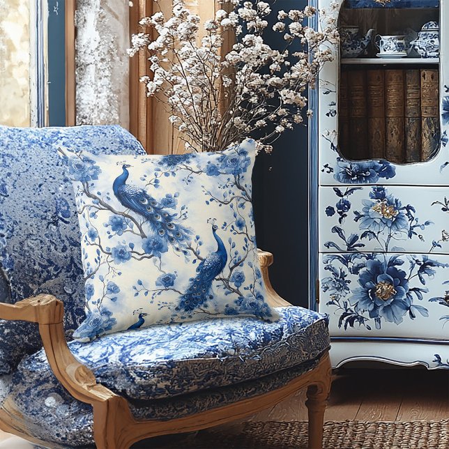 Delfts Blauw  Franse Chinoiserie Peacock Kussen (Creator heeft geüpload)
