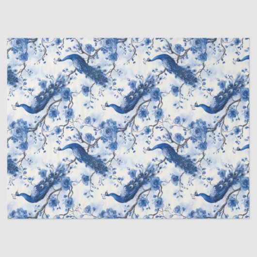 Delfts Blauw  Franse Chinoiserie Peacock Tissuepapier (Voorkant)
