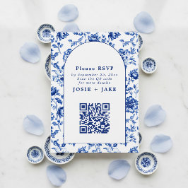 Delfts blauw geïnspireerde bloemen RSVP-QR-code Informatiekaartje