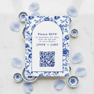 Delfts blauw geïnspireerde bloemen RSVP-QR-code Informatiekaartje