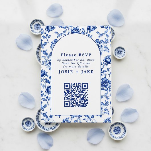 Delfts blauw geïnspireerde bloemen RSVP-QR-code Informatiekaartje