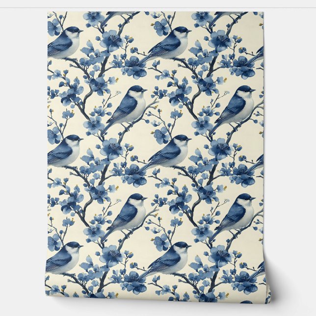  Delfts Blauw Kleine Vogels Chinoiserie Behang (Afrollen)
