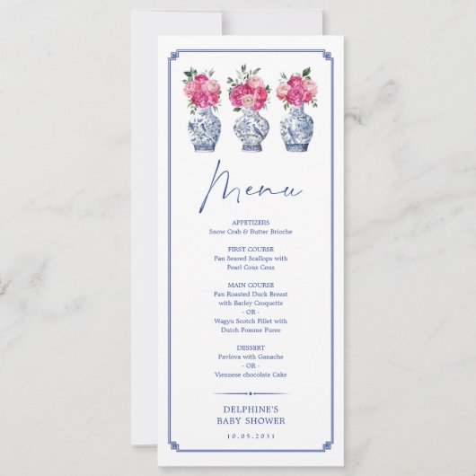 Delfts Blauw Roze Chinoiserie Porselein Menu Kaart (Voorkant)