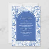 Delfts Blauw Wit Chinois Bloem QR Code Bruiloft Kaart (Voorkant)
