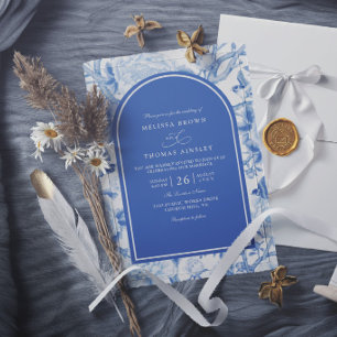 Delfts Blauw Wit Chinois Bloemig Elegant Trouwen Kaart