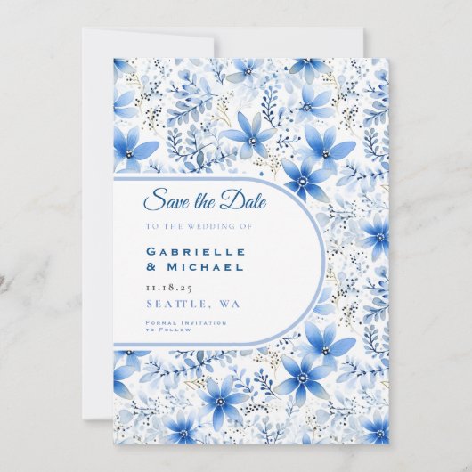 Delfts Blauw Wit Chinoiserie Bloemen Patroon Opsla Save The Date (Voorkant)