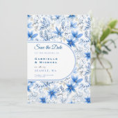 Delfts Blauw Wit Chinoiserie Bloemen Patroon Opsla Save The Date (Staand voorkant)