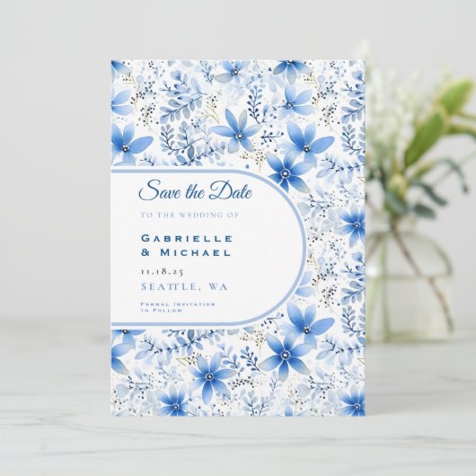Delfts Blauw Wit Chinoiserie Bloemen Patroon Opsla Save The Date (Staand voorkant)