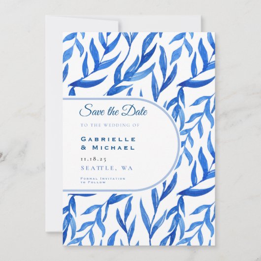 Delfts Blauw Wit Chinoiserie Bloemen Patroon Opsla Save The Date (Voorkant)