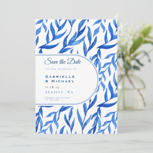 Delfts Blauw Wit Chinoiserie Bloemen Patroon Opsla Save The Date (Staand voorkant)